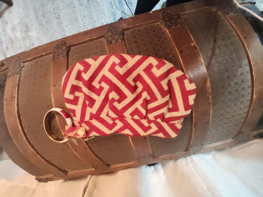 Mud Pie Gameday Cuff Clutch Burgundy Tan Greek Key Jute